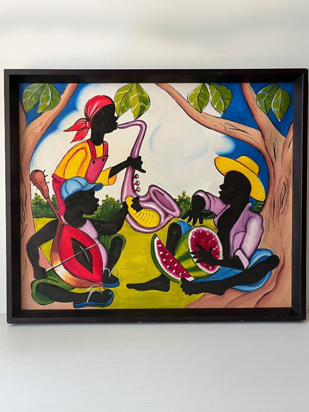 Original African Caribbean Naive Folk Art Painting Jazz Musicians Framed 25"